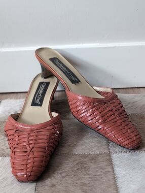 Coldwater Creek Coral Woven Leather Mule Heels